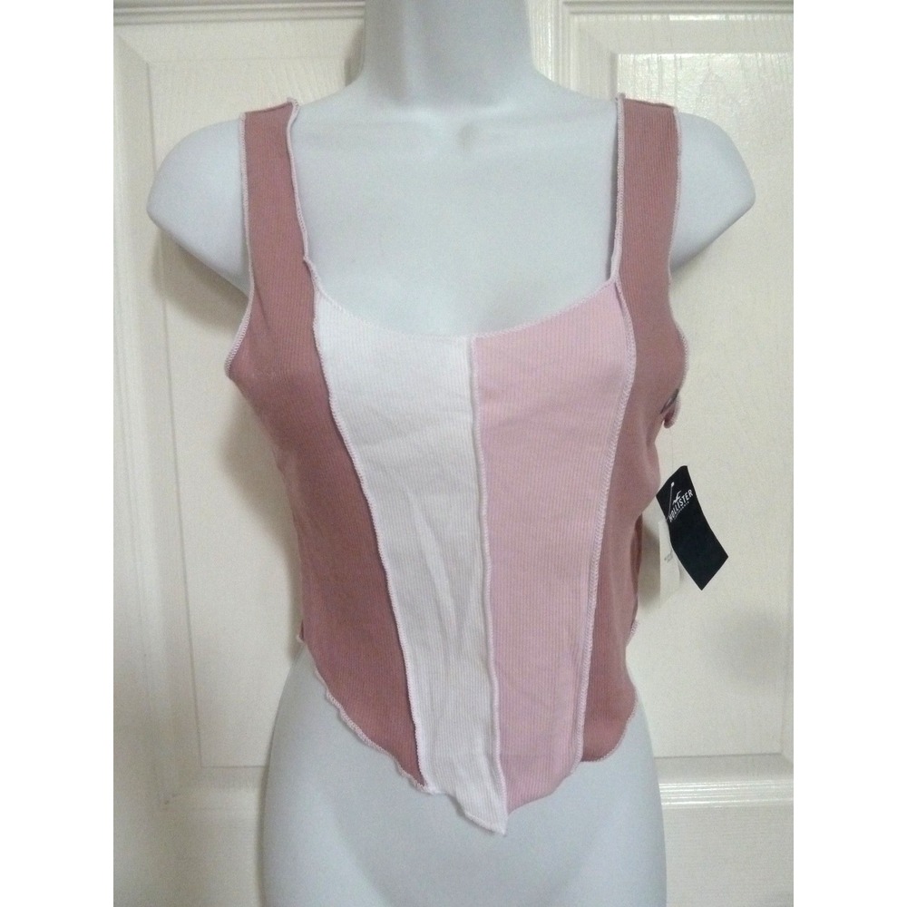 Hollister Colorblock Ribbed Tank Top Cropped Pink White Med NWT